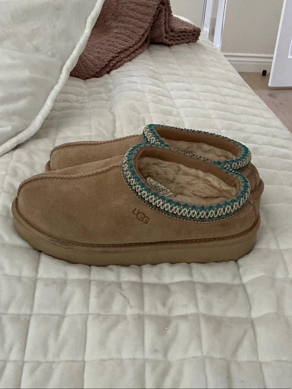 UGG Tan Suede Slip-On Clog with Teal Trim